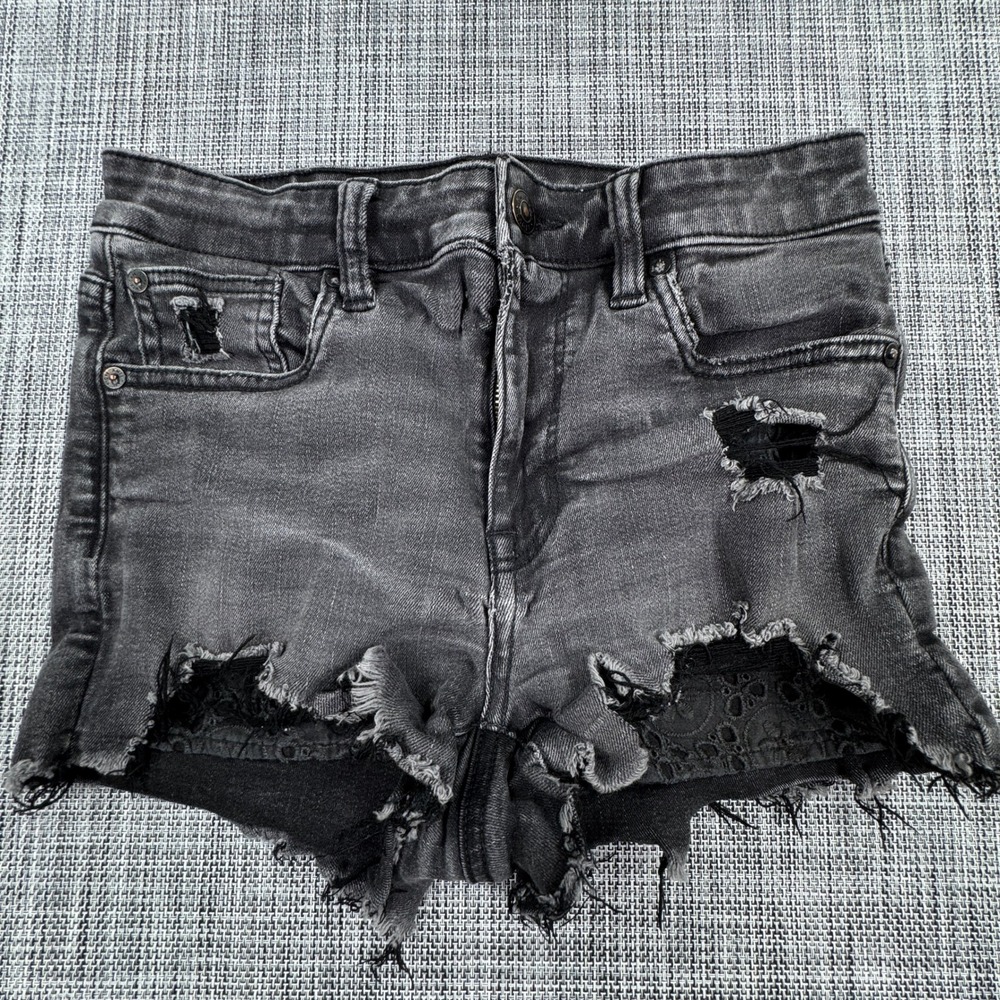 American Eagle Womens High Rise Shortie Black Distressed Denim Shorts Size 2